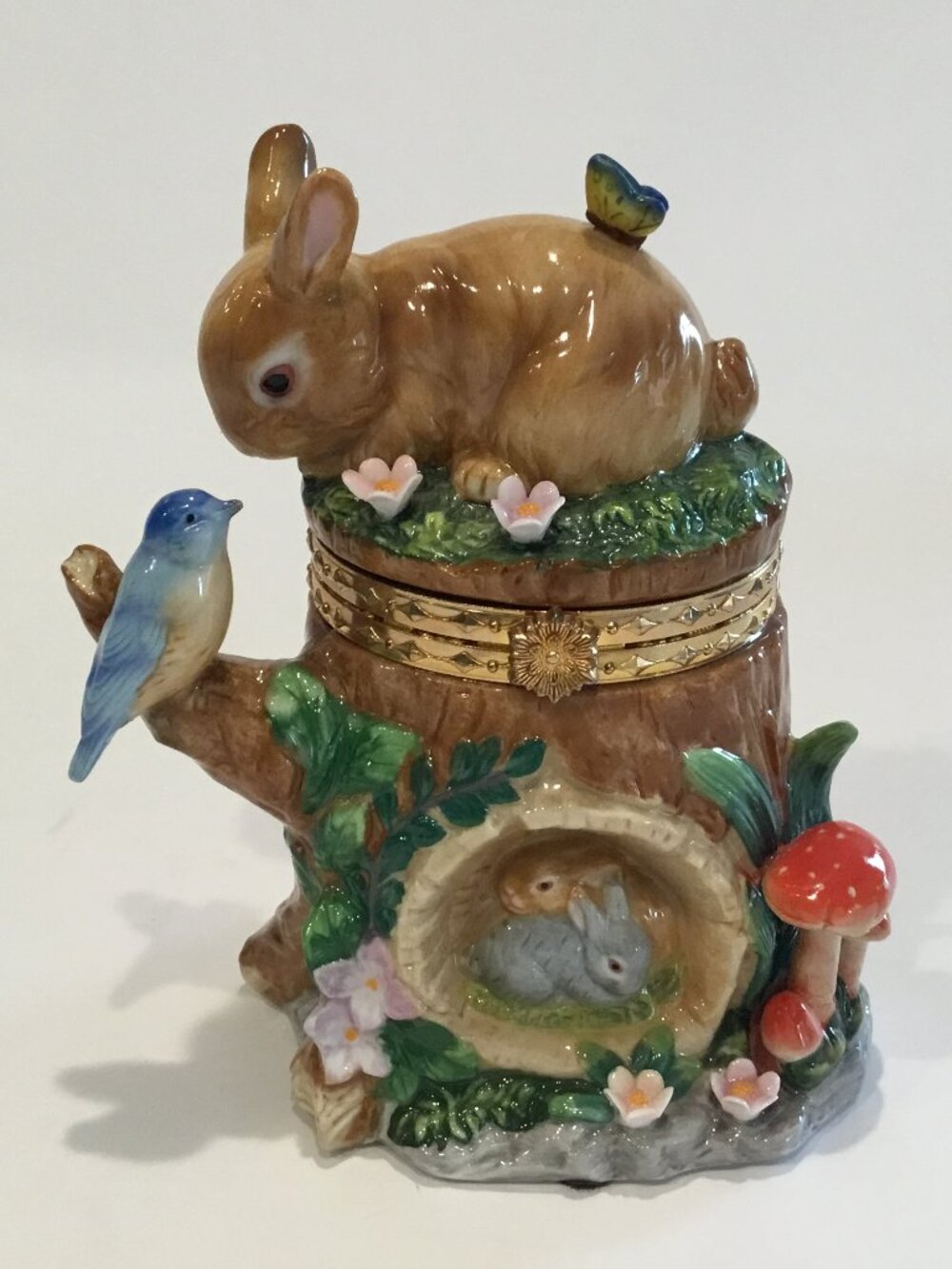 CWC 6.5" Ceramic Trinket Box Tree Stump Easter Bunny Rabbit Bird Butterfly